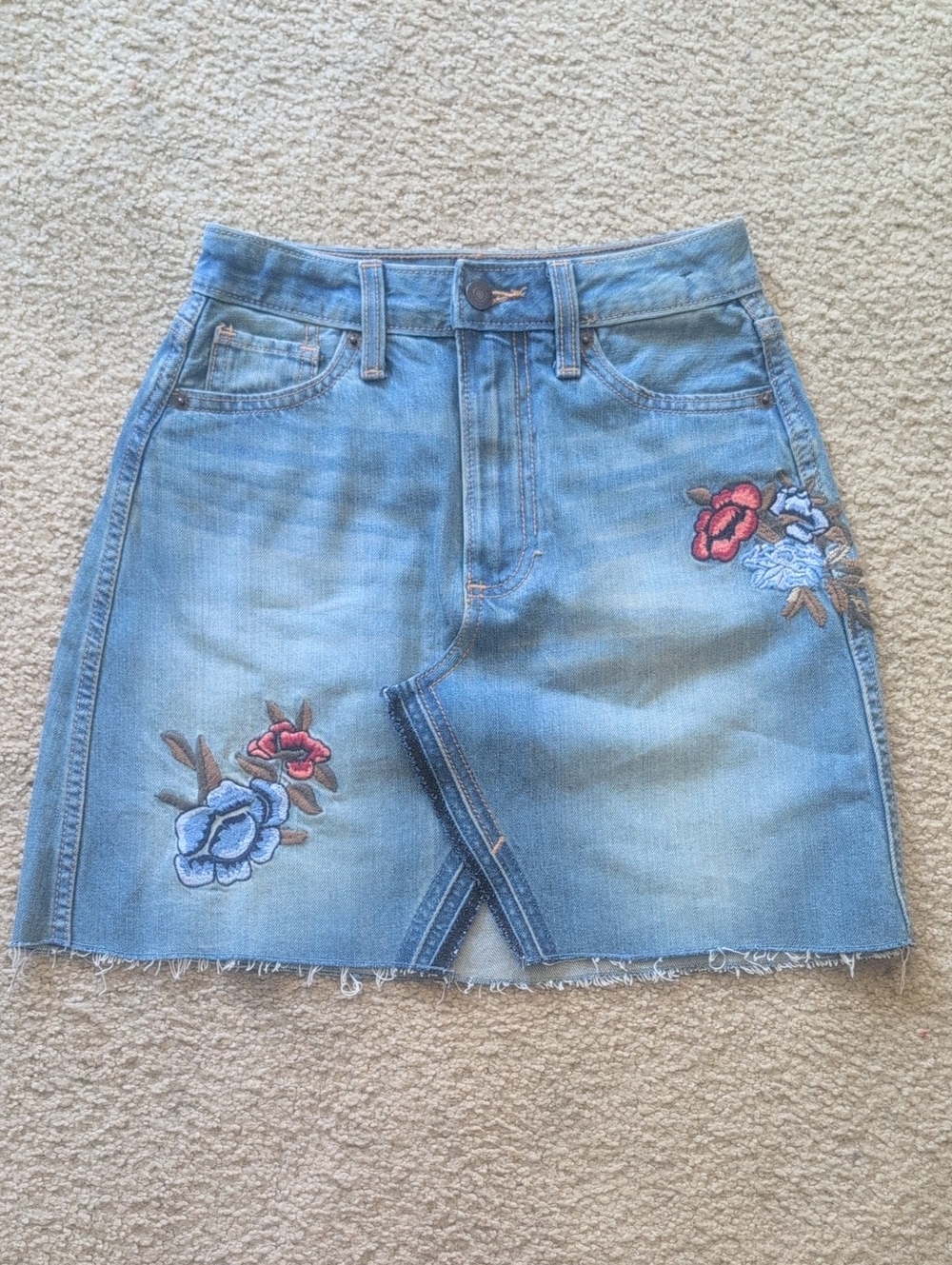 Abercrombie & Fitch Light Blue Denim Skirt with Floral Embroidery